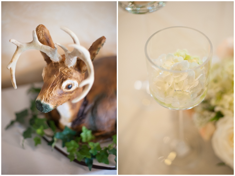 stony point hall wedding, vintage table decorations, melissa sigler photography, grooms cake in shape of a deer, hunter groom