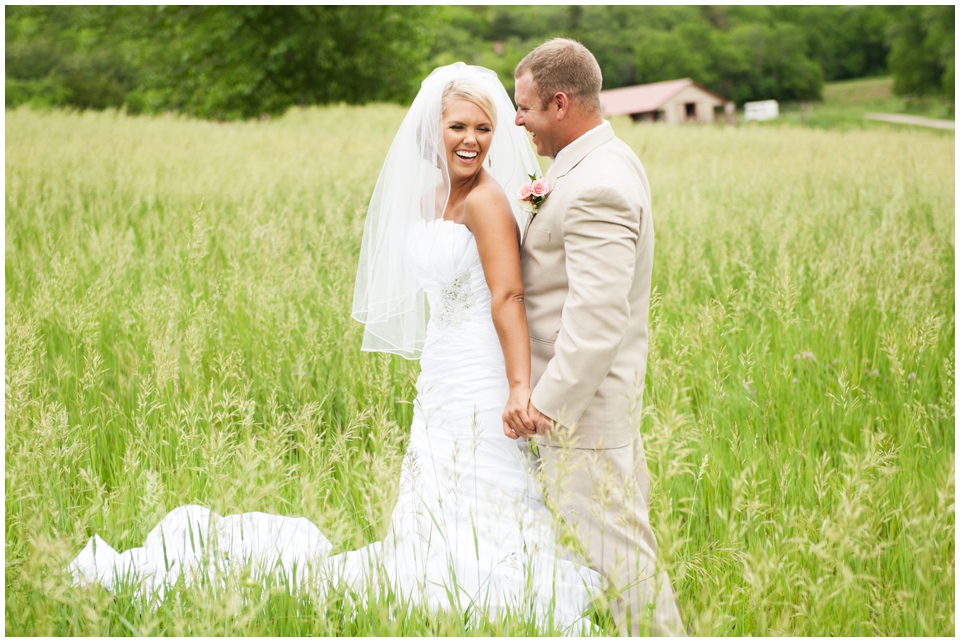 stony point hall wedding, melissa sigler photography, bride and groom laughing, tall grass in the country, lawrence wedding photographer