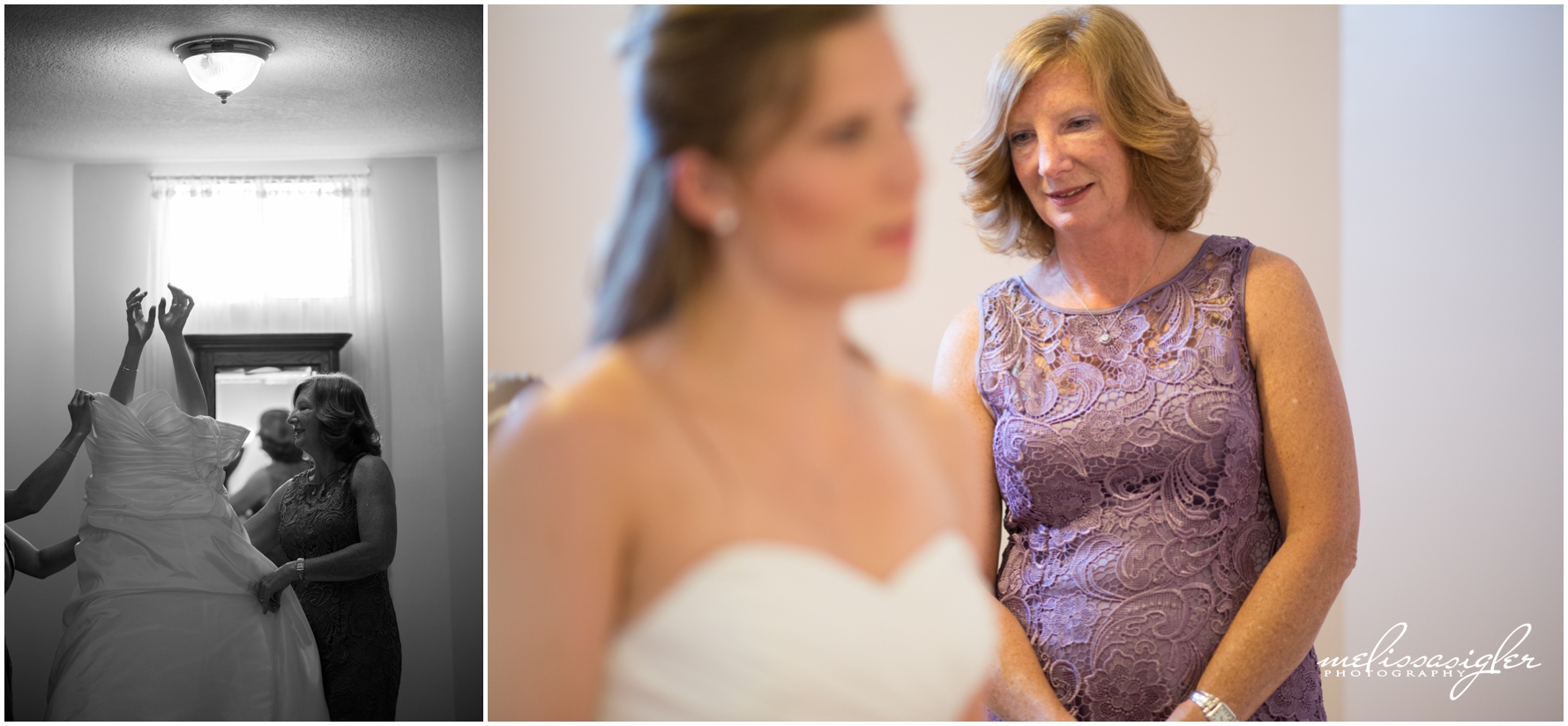 Bride putting on her gown at Victorian Veranda by Lawrence Kansas wedding photographer Melissa Sigler