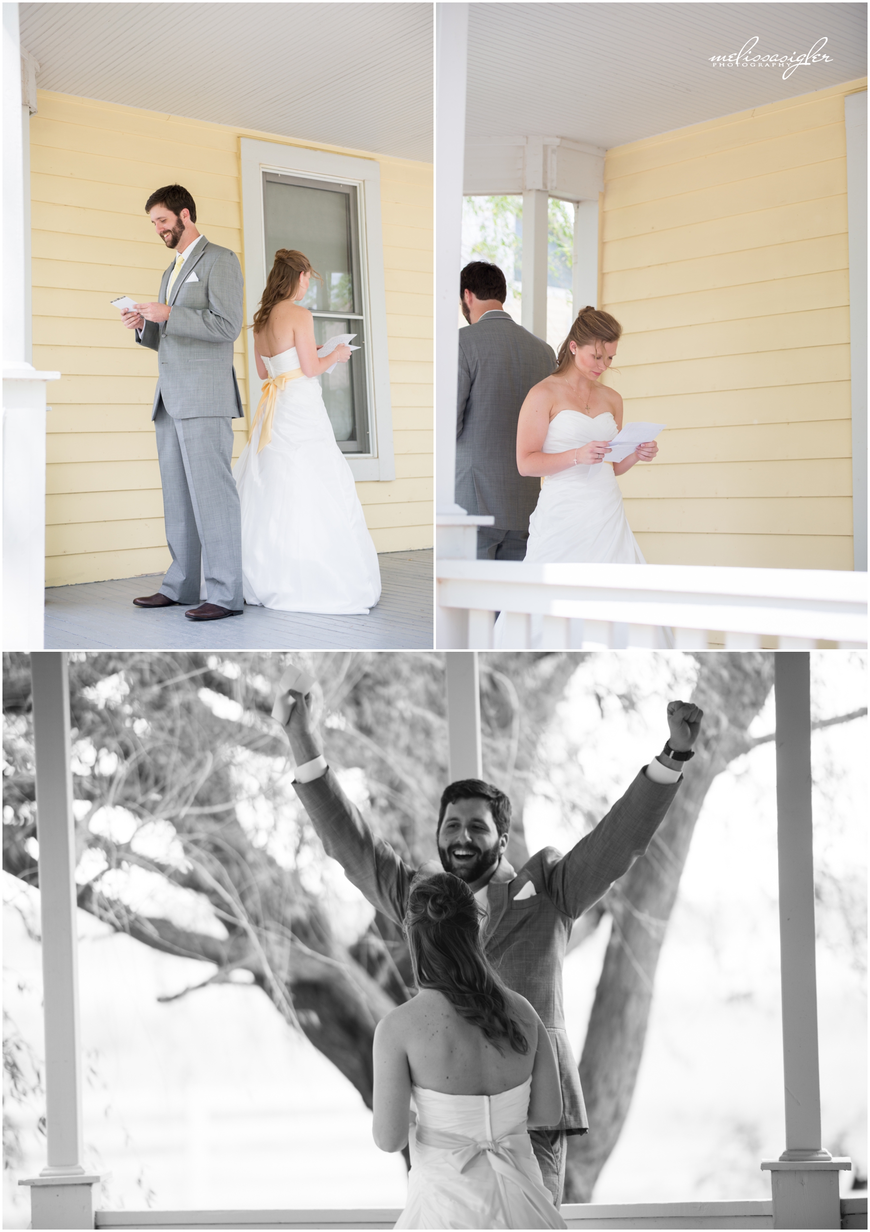 Bride and groom first look at Victorian Veranda by Lawrence Kansas wedding photographer Melissa Sigler