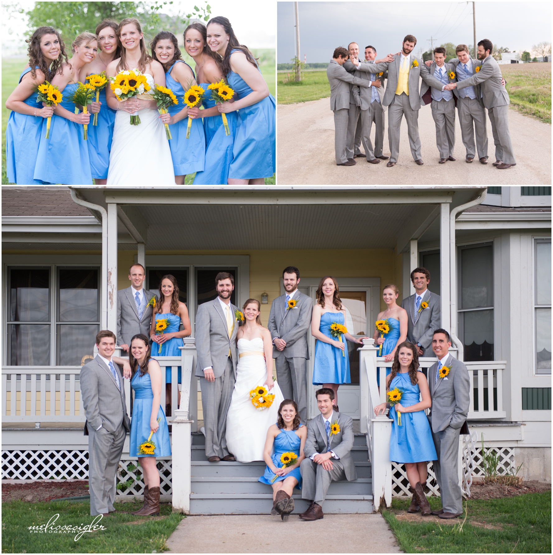 Bridal party wearing cornflower blue and carrying sunflowers by Lawrence Kansas wedding photographer Melissa Sigler
