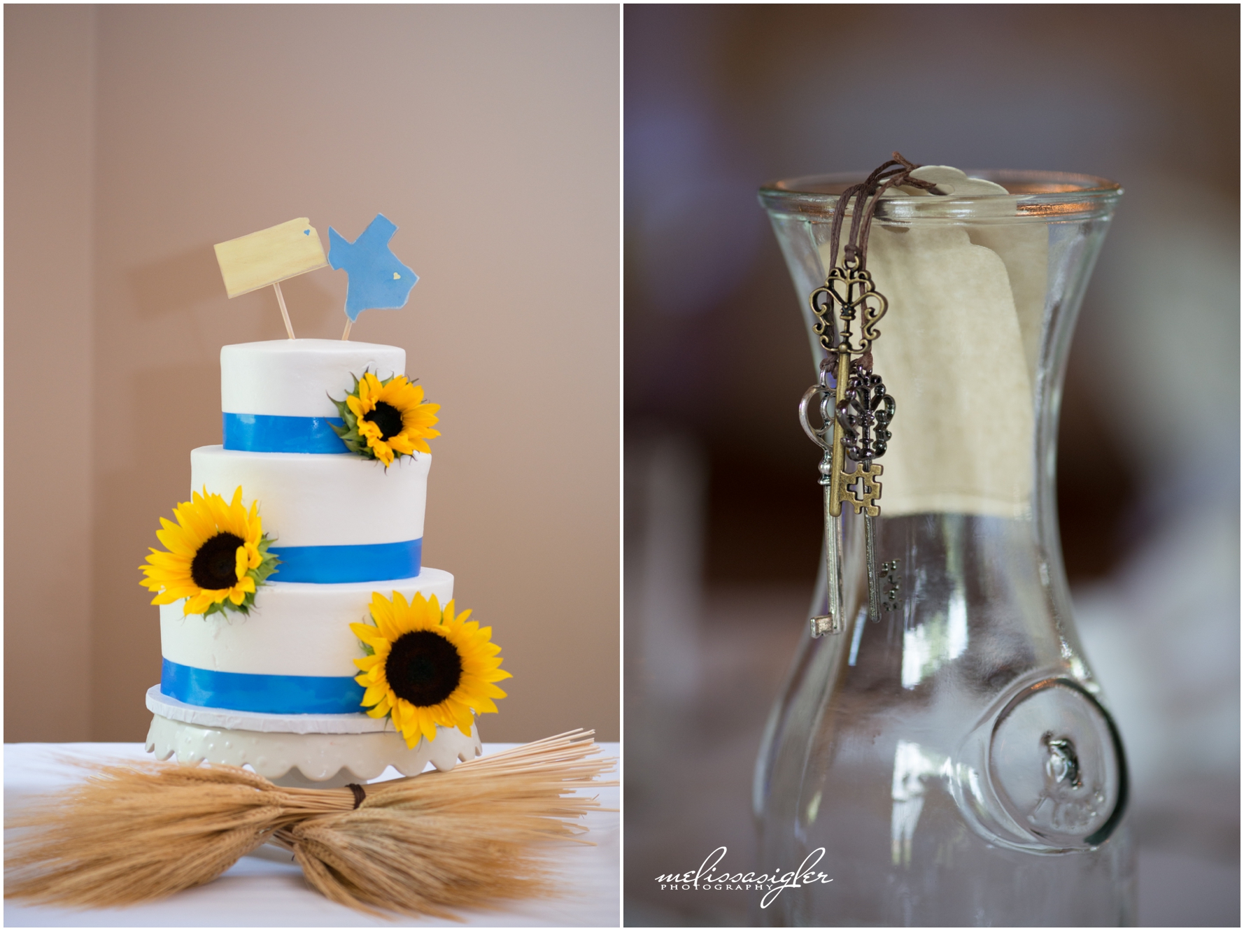 Wedding cake with sunflowers and wheat by Lawrence Kansas wedding photographer Melissa Sigler