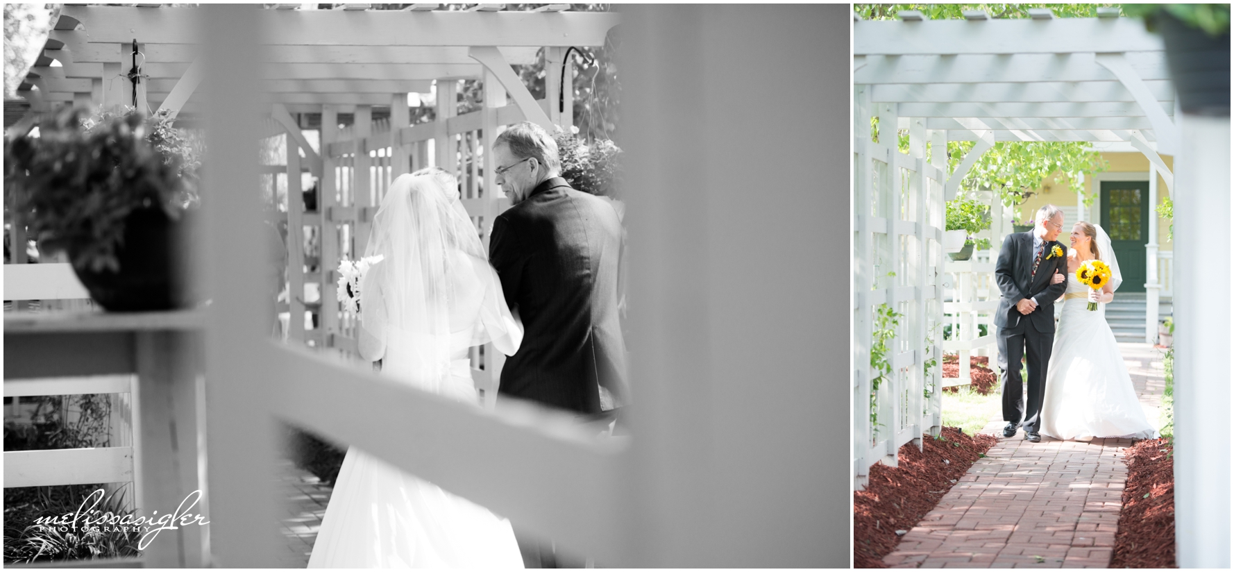 Bride and father of the bride walking down the aisle at Victorian Veranda by Lawrence Kansas wedding photographer Melissa Sigler