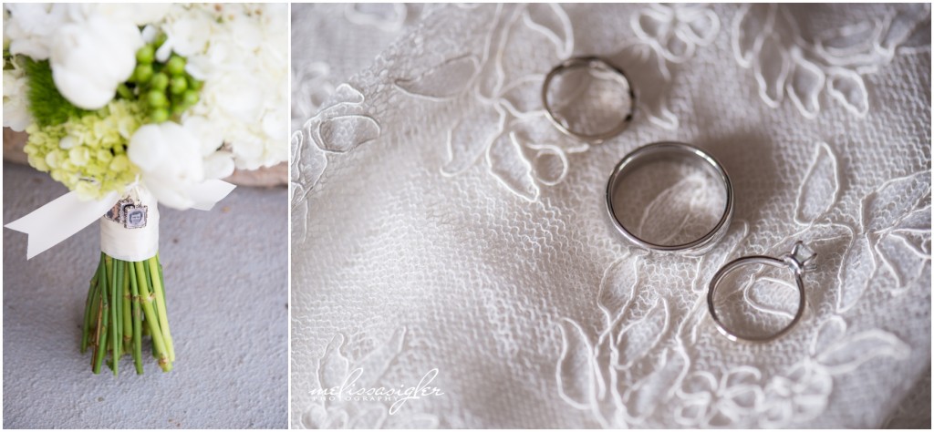 Wedding rings on lace photographed by Topeka wedding photographer Melissa Sigler