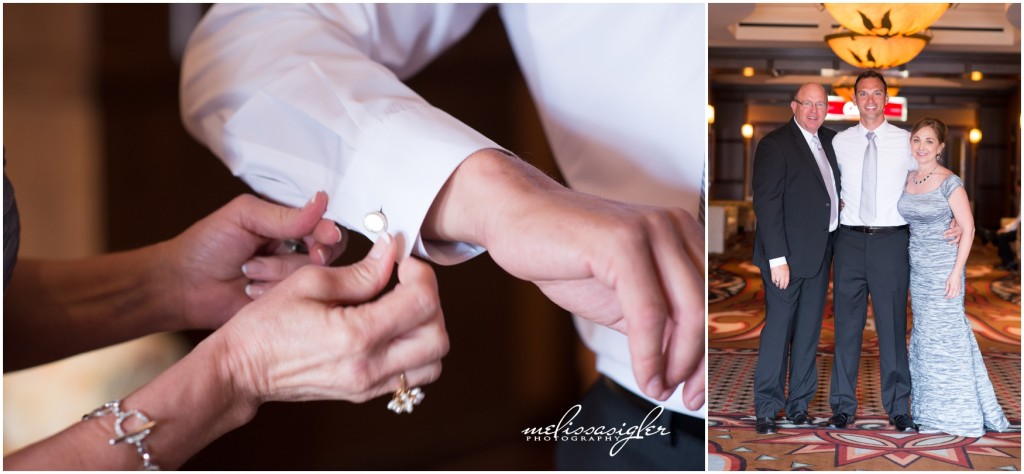 Bride's parents put heirloom cufflinks on groom at Priarie Band Casino and Resort