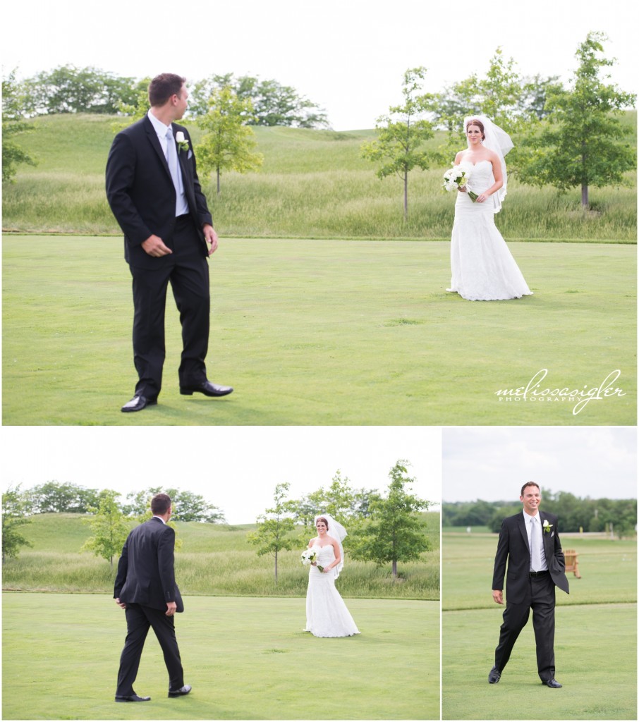 Bride and groom first look at Firekeeper golf course by Topeka wedding photographer Melissa Sigler