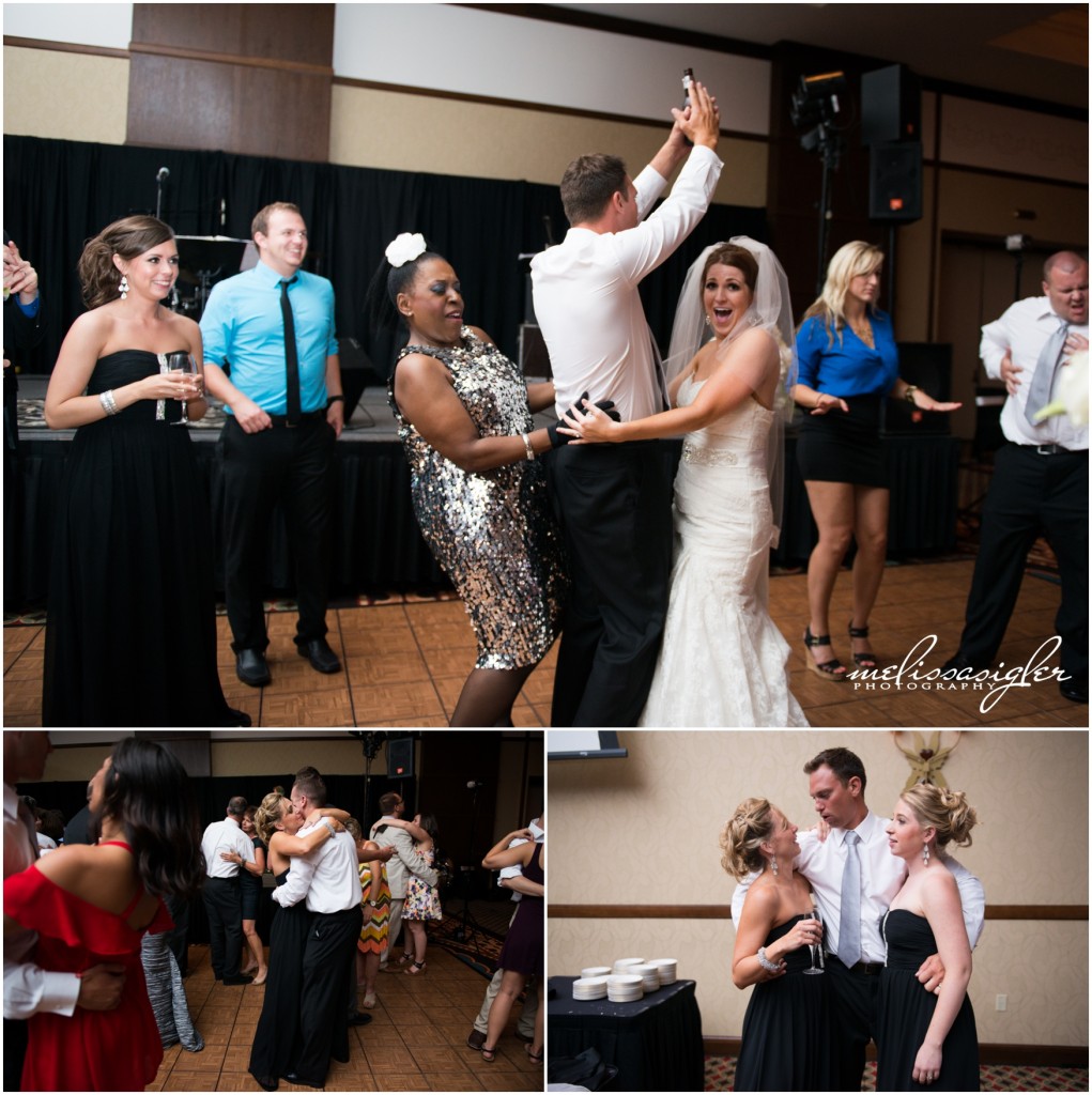 Guests having fun on the dance floor at Prairie band casino by Topeka wedding photographer Melissa Sigler
