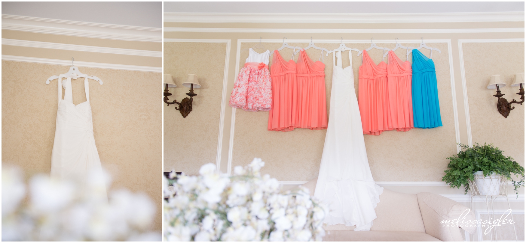 Coral and Teal bridesmaids dresses at Longview Mansion by Melissa Sigler Photography