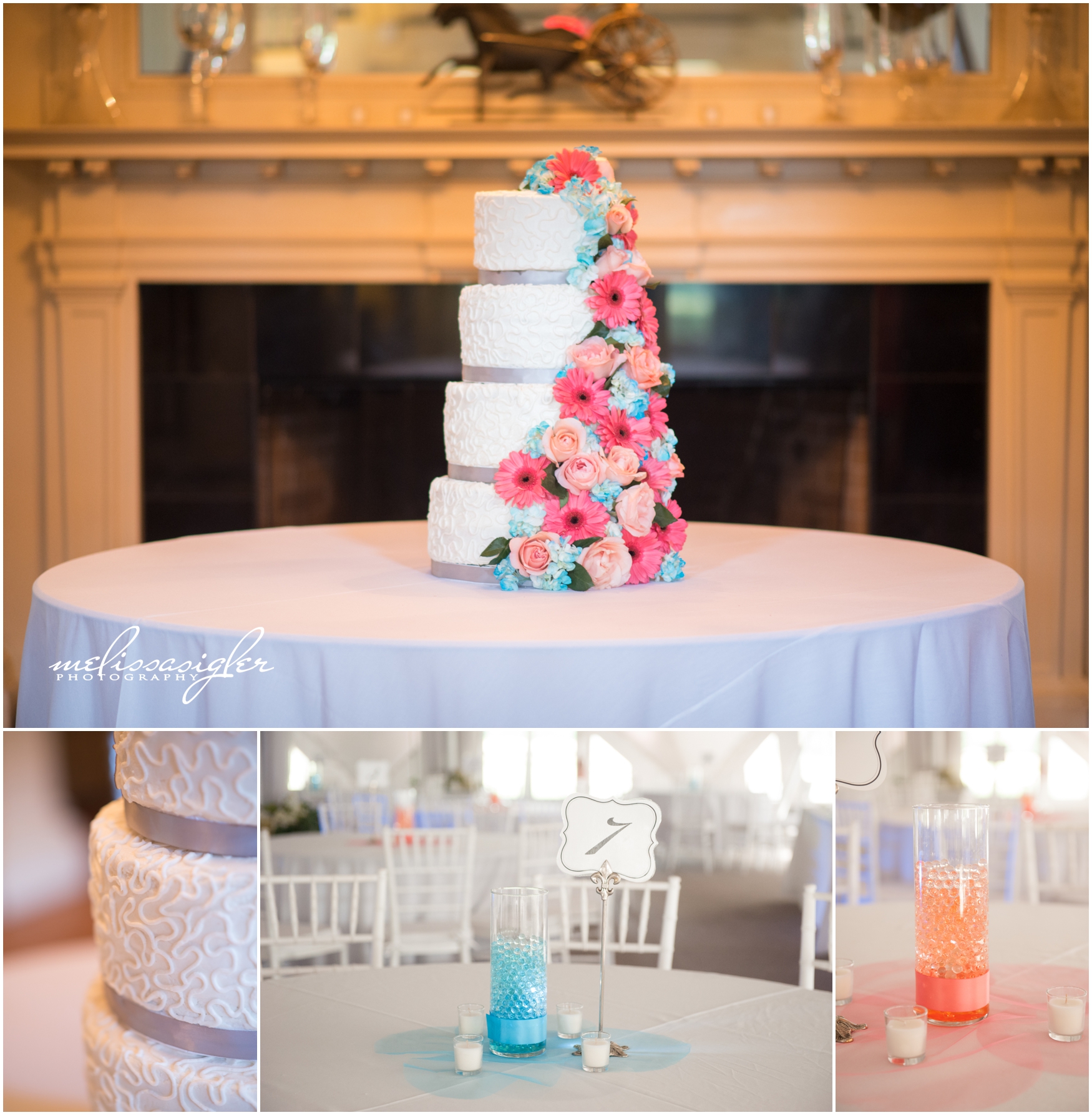 Coral and teal wedding flowers and white wedding cake by Melissa Sigler Photography