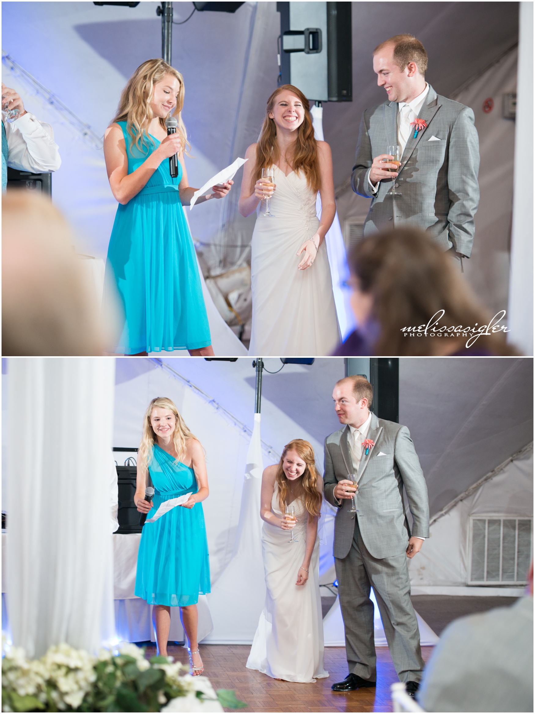 Maid of Honor speech inside tent at Longview Mansion by Melissa Sigler Photography