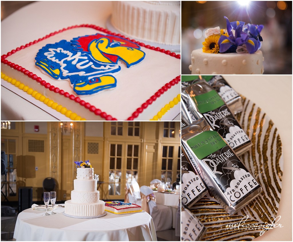 Jayhawk grooms cake and roasterie coffee wedding favors by Melissa Sigler Photography