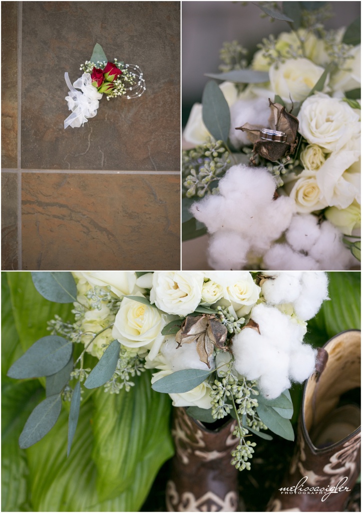 Bridal bouquet with cotton and roses by Melissa Sigler Photography