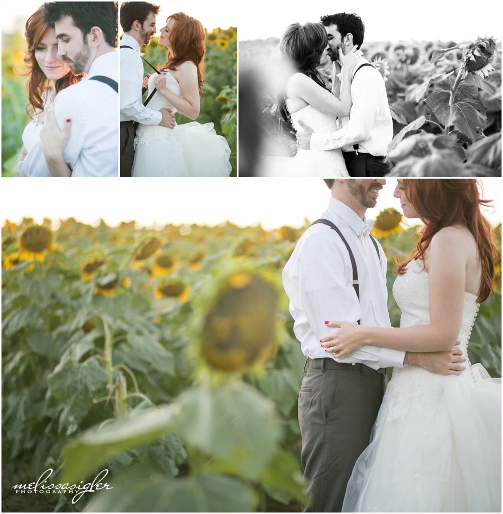 Bride and groom in a sunflower field by Melissa Sigler Photography