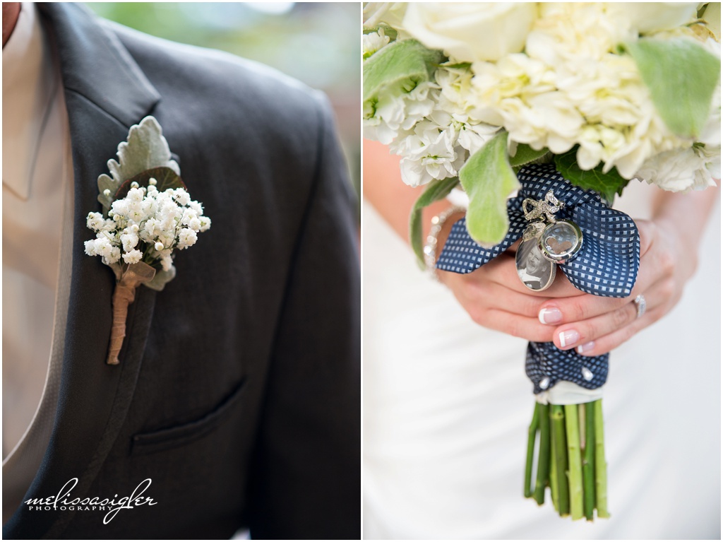 Navy green and white bridal bouquet with custom charms