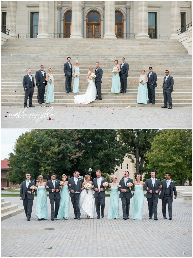Bride and groom in front of the Kansas State capitol