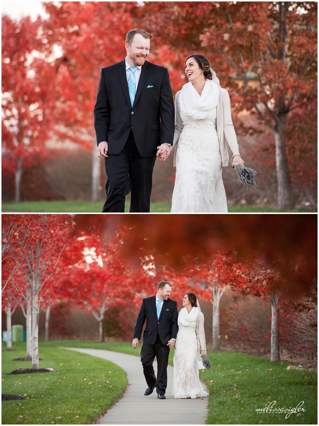 Bride and groom in front of red trees