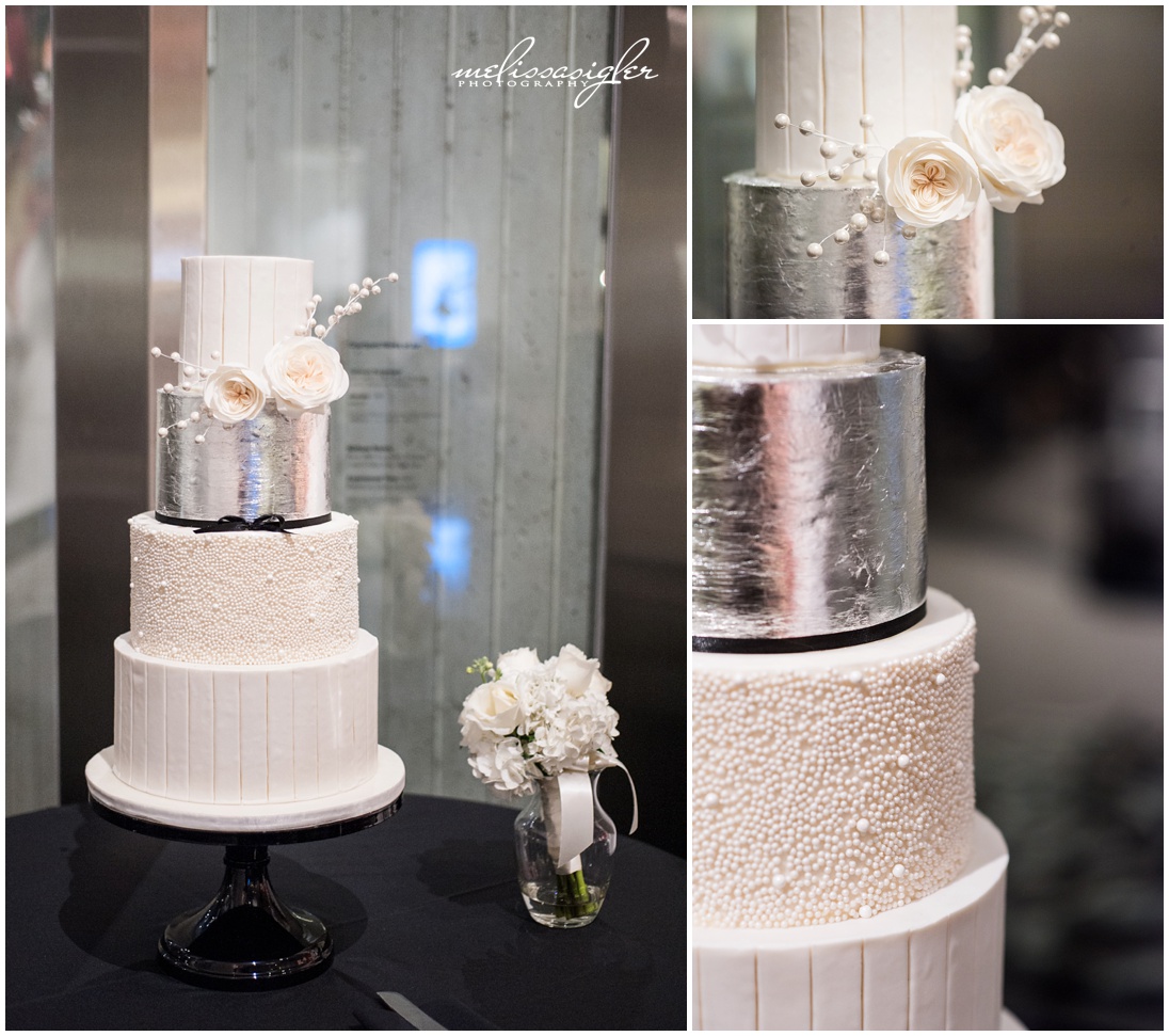 White and silver wedding cake in kansas city
