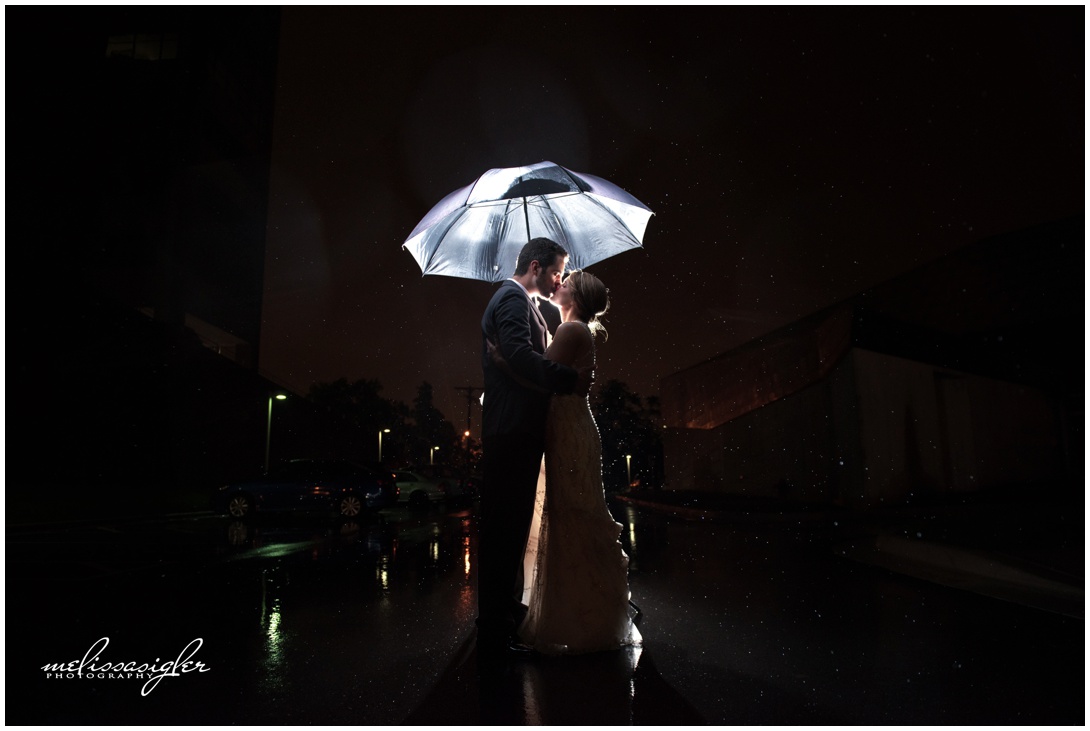 Bride and groom rainy day wedding umbrella photo