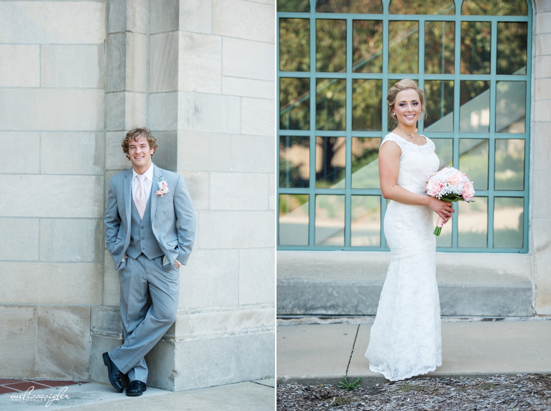 Bride and groom at University of Kansas Lawrence Kansas