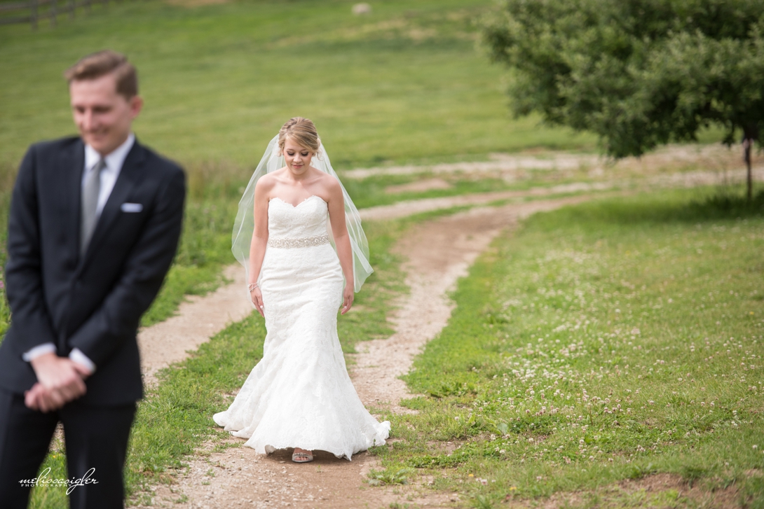 Bride and groom first look Weston Red Barn