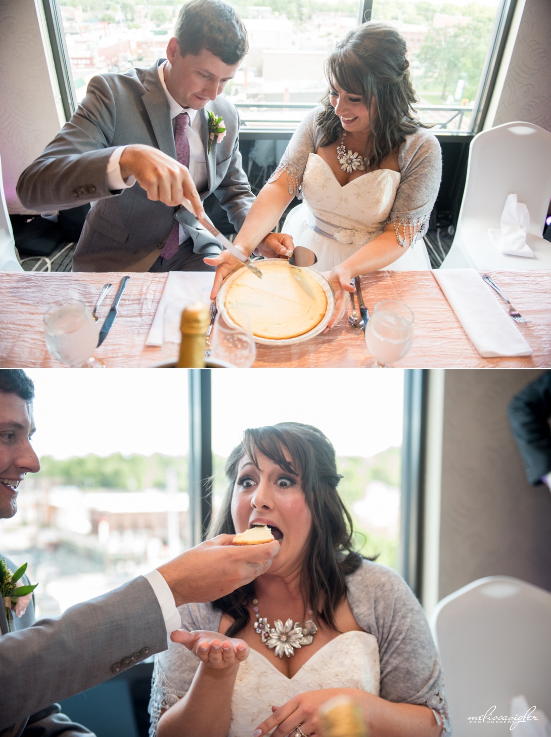 Bride and groom cut cheesecake