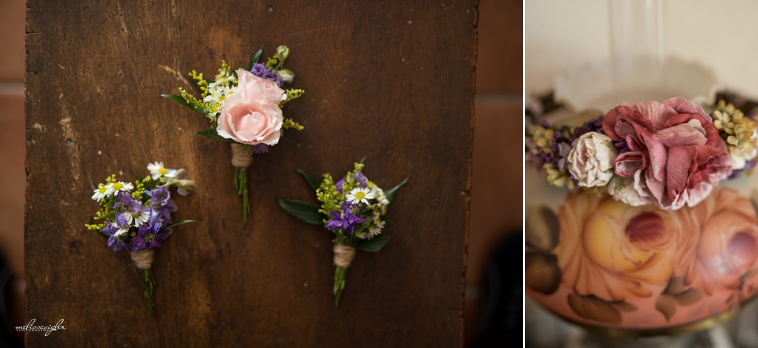 Pink and purple wedding boutonnieres 