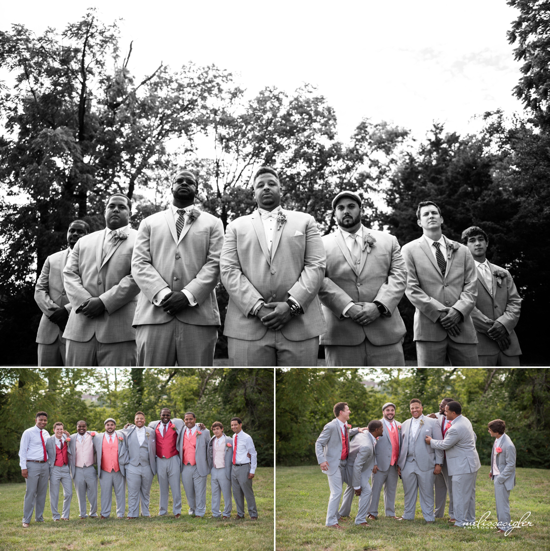 Gray and Coral groomsmen suits
