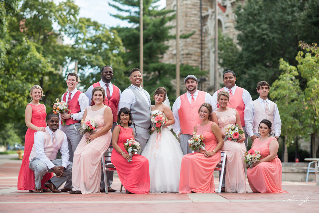 Shades of coral and gray wedding party 