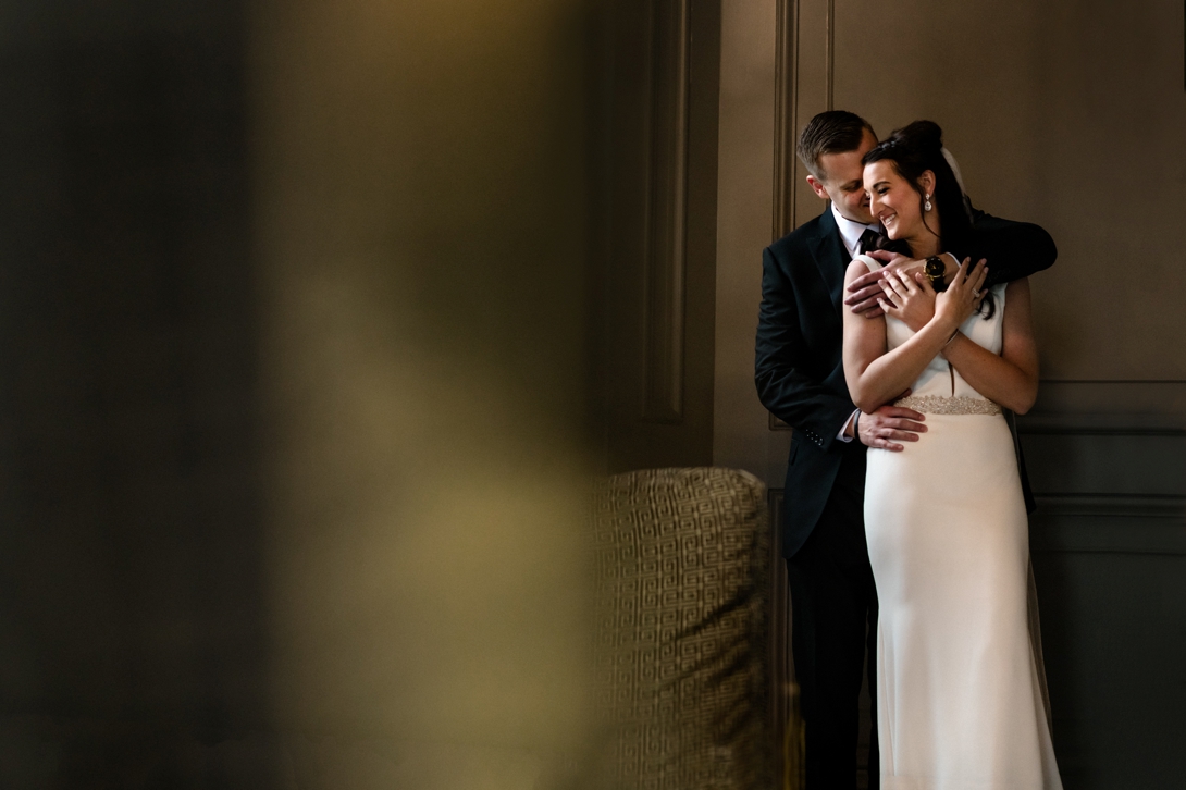 bride and groom portrait at grand hall at power and light