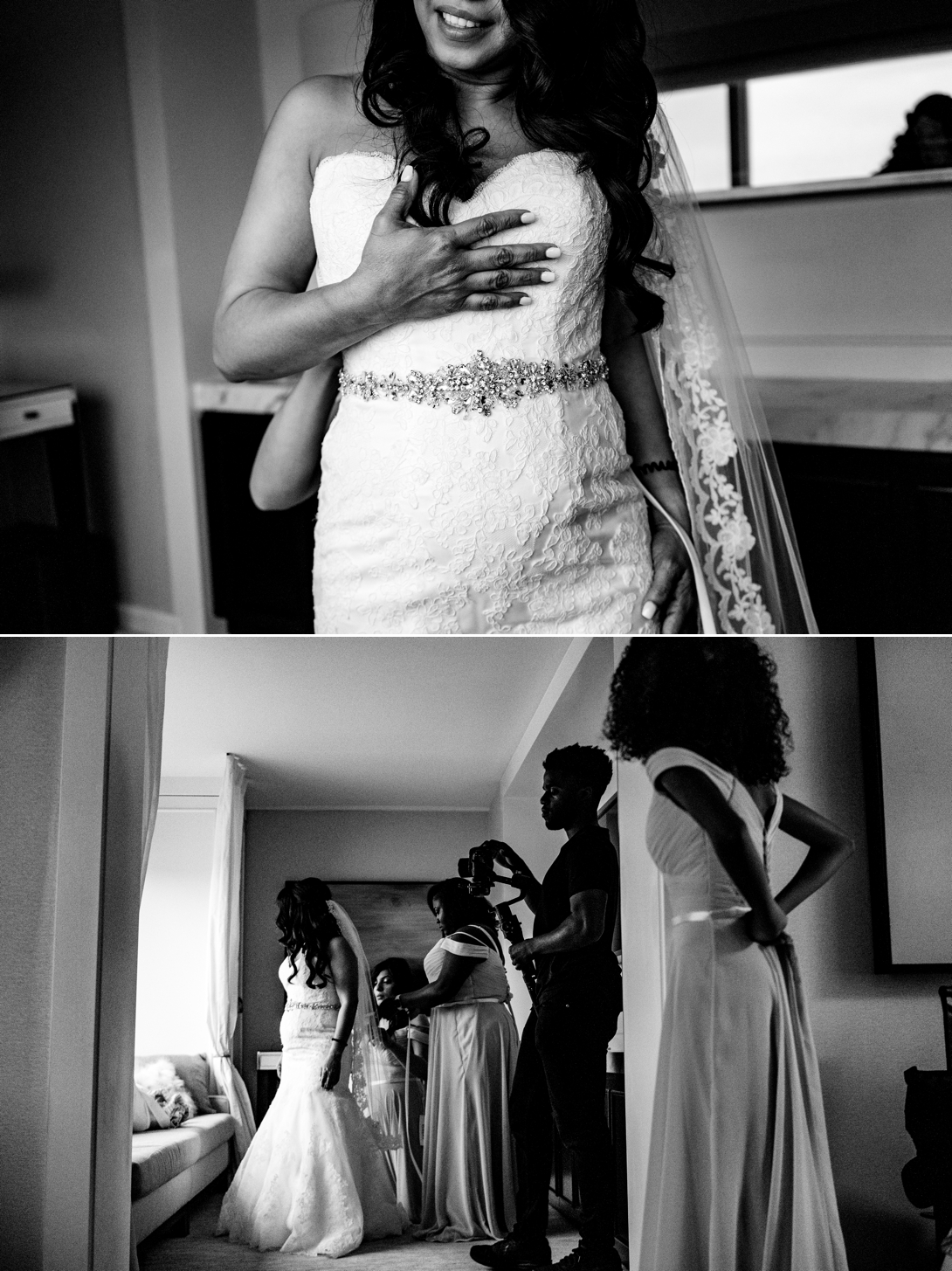 Bride getting her gown on