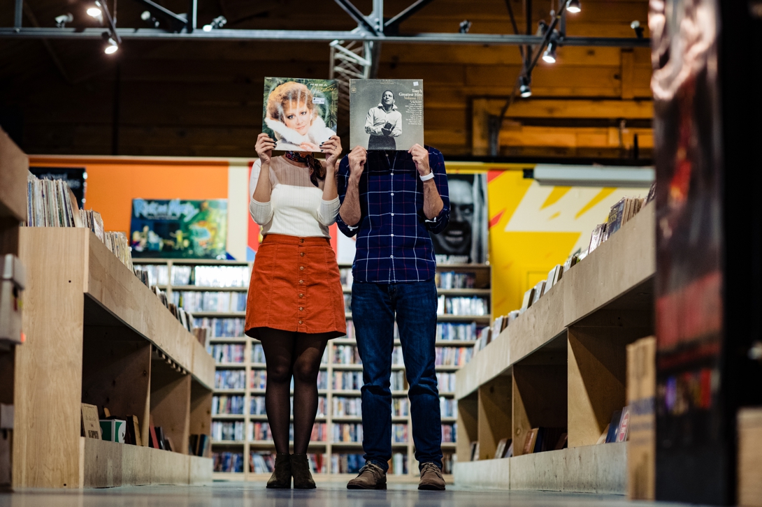 engagement photos in record store
