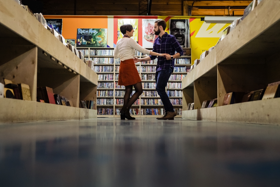 engagement session in record store