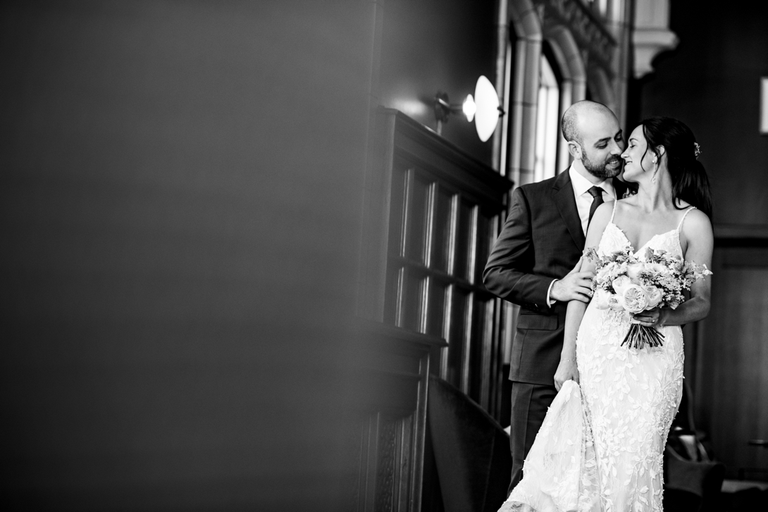 black and white portrait of bride and groom