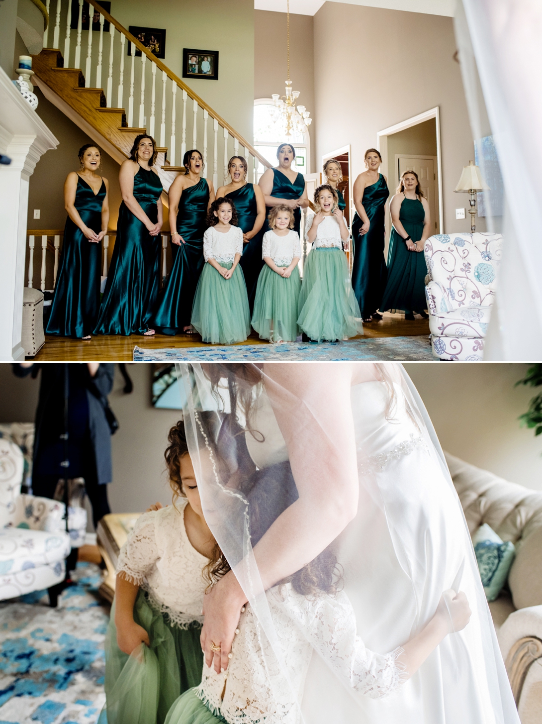 bridesmaids see bride in gown