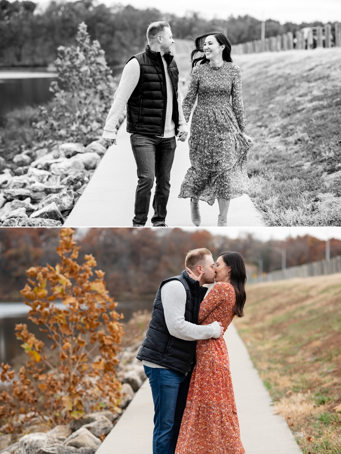 bride and groom running during engagement photos